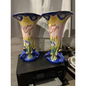 Matching 1920s Nippon Hand-Painted Floral Porcelain Vases w/Gilding